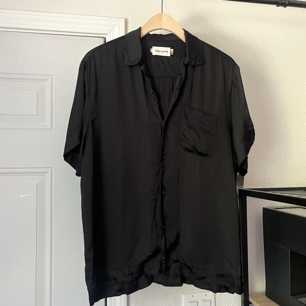 HONOR THE GIFT black viscose‎ rayon button up boxy cropped short sleeve shirt